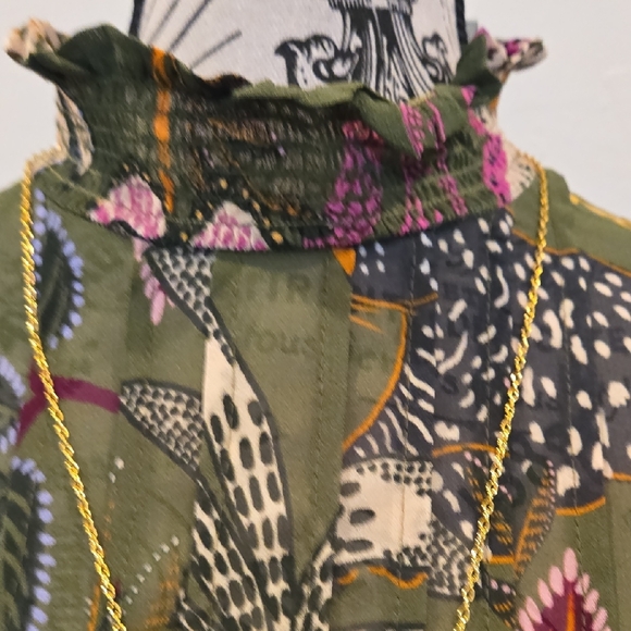 FARM Rio Vibrant Wild Jungle Sheer Dramatic Sleeve Pintuck Dress 100% Viscose XL - Picture 5 of 8